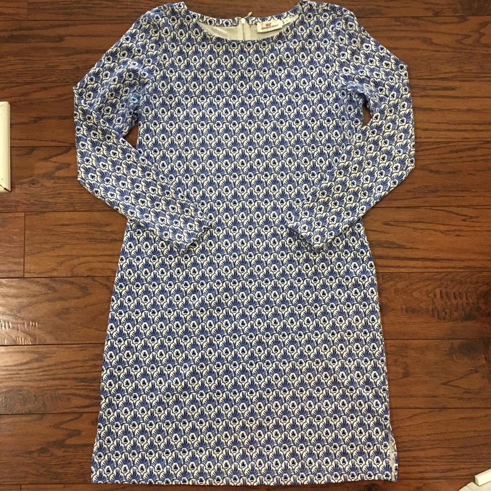 Vineyard Vines Women’s Feather Print Long Sleeve Dress Size Small Blue & White